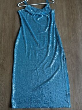 bebe Blue Sequin Midi Slip Dress